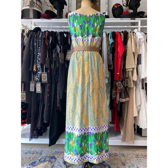vintage 1970s maxi dress green and yellow mod floral border print polka dot - Picture 3 of 10